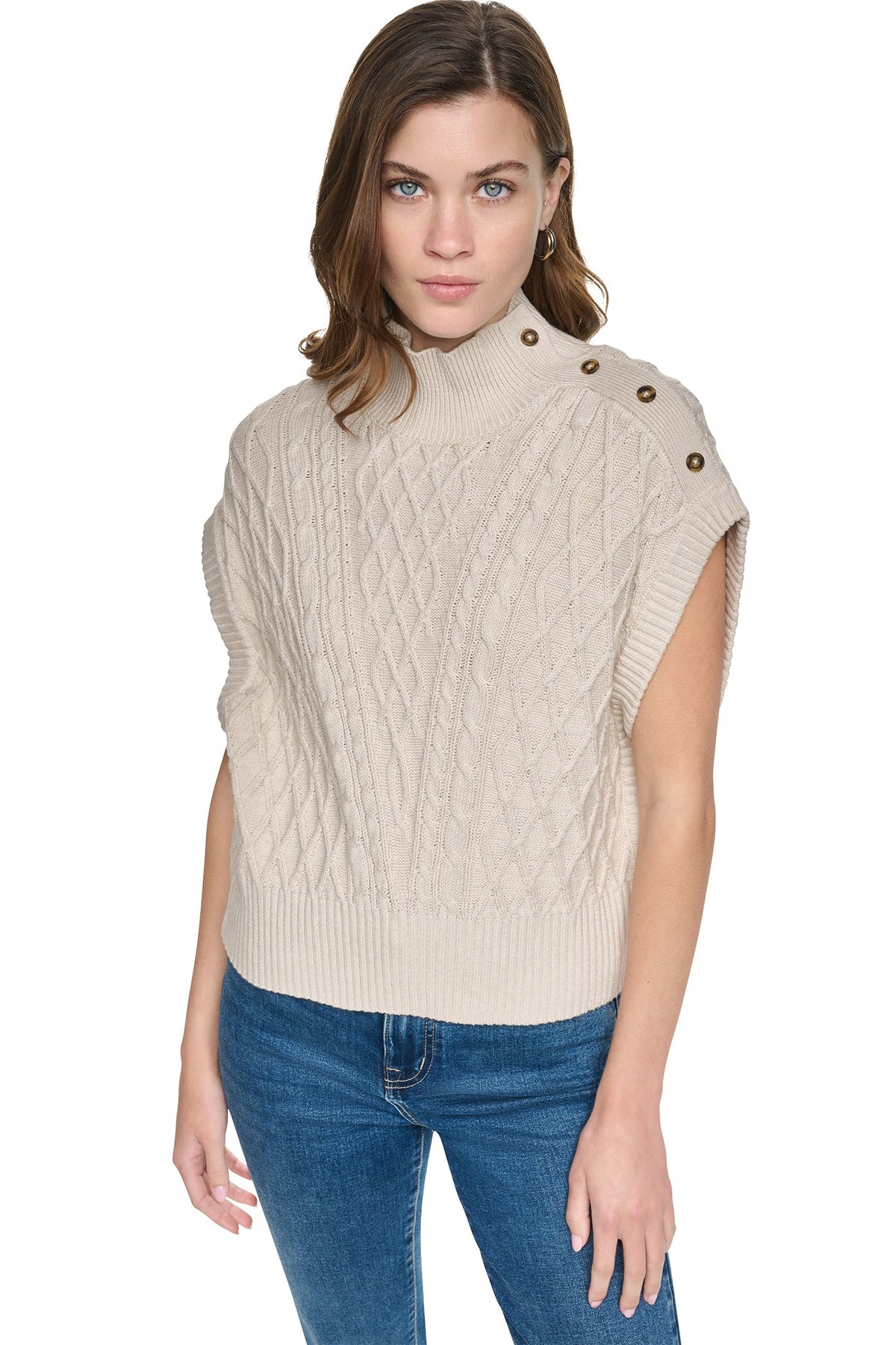 BUTTON SHOULDER CABLE SWEATER VEST Cortado Heather | DKNY