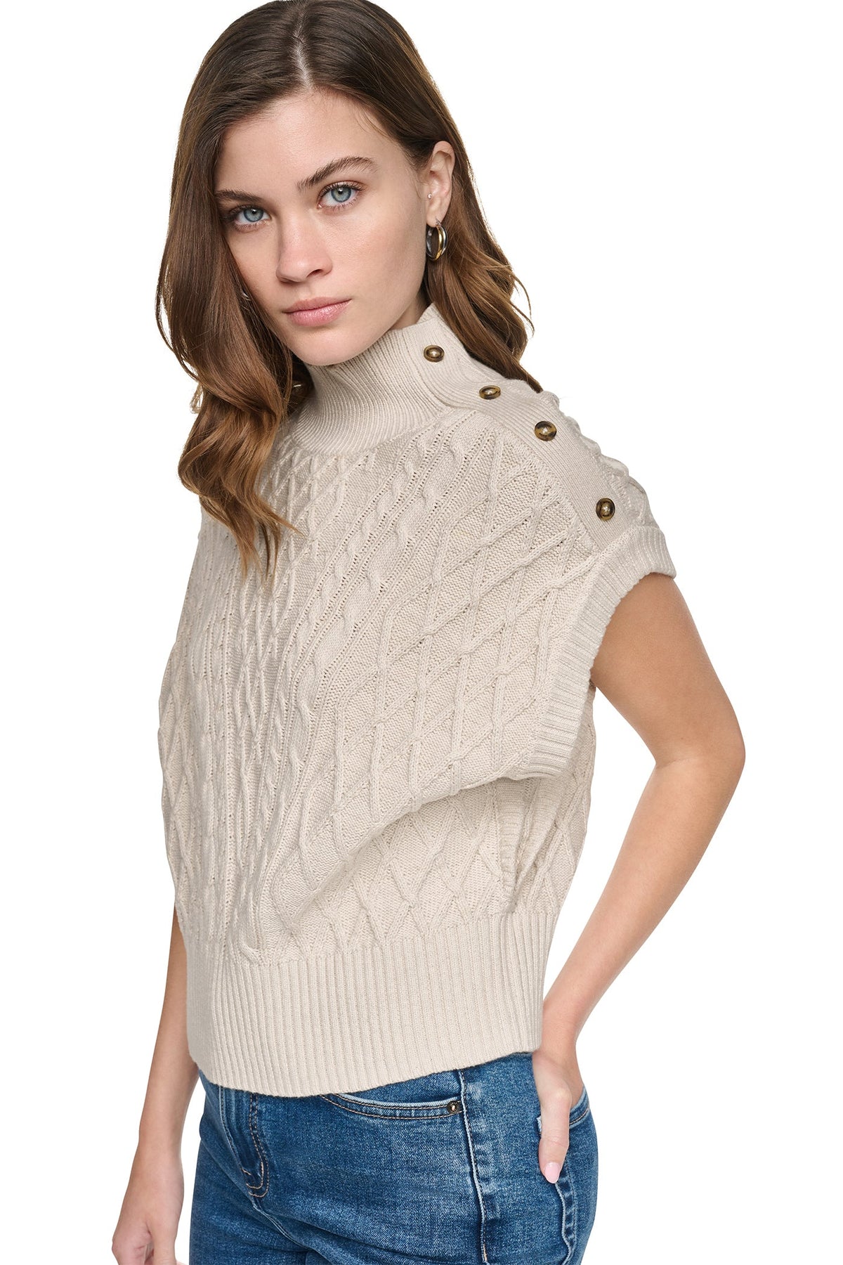 BUTTON SHOULDER CABLE SWEATER VEST Cortado Heather | DKNY