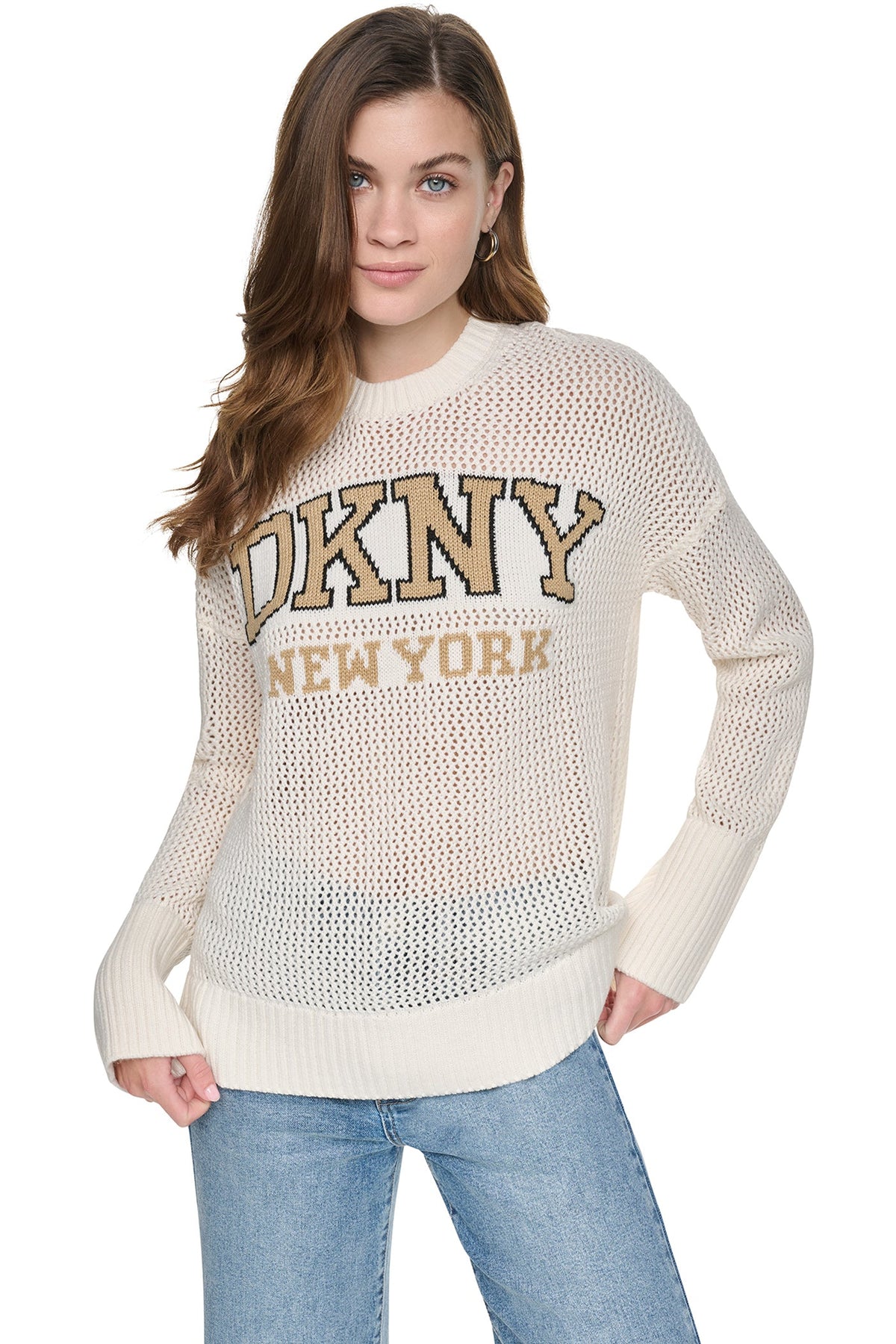 OPEN STITCH VARSITY LOGO SWEATER Utility Green/Sky Grey Heather | DKNY