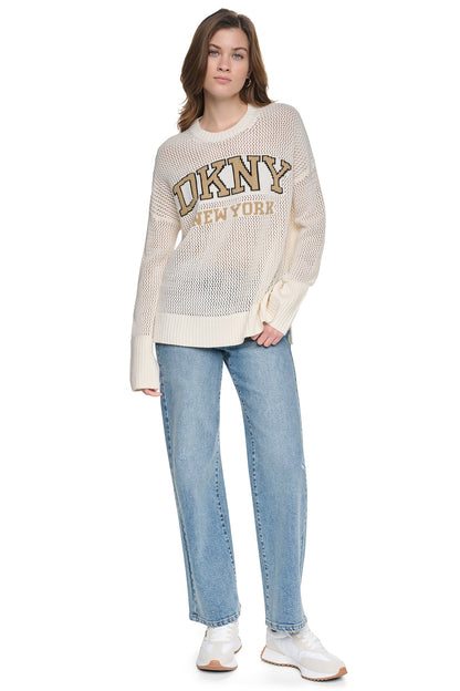 OPEN STITCH VARSITY LOGO SWEATER Utility Green/Sky Grey Heather | DKNY