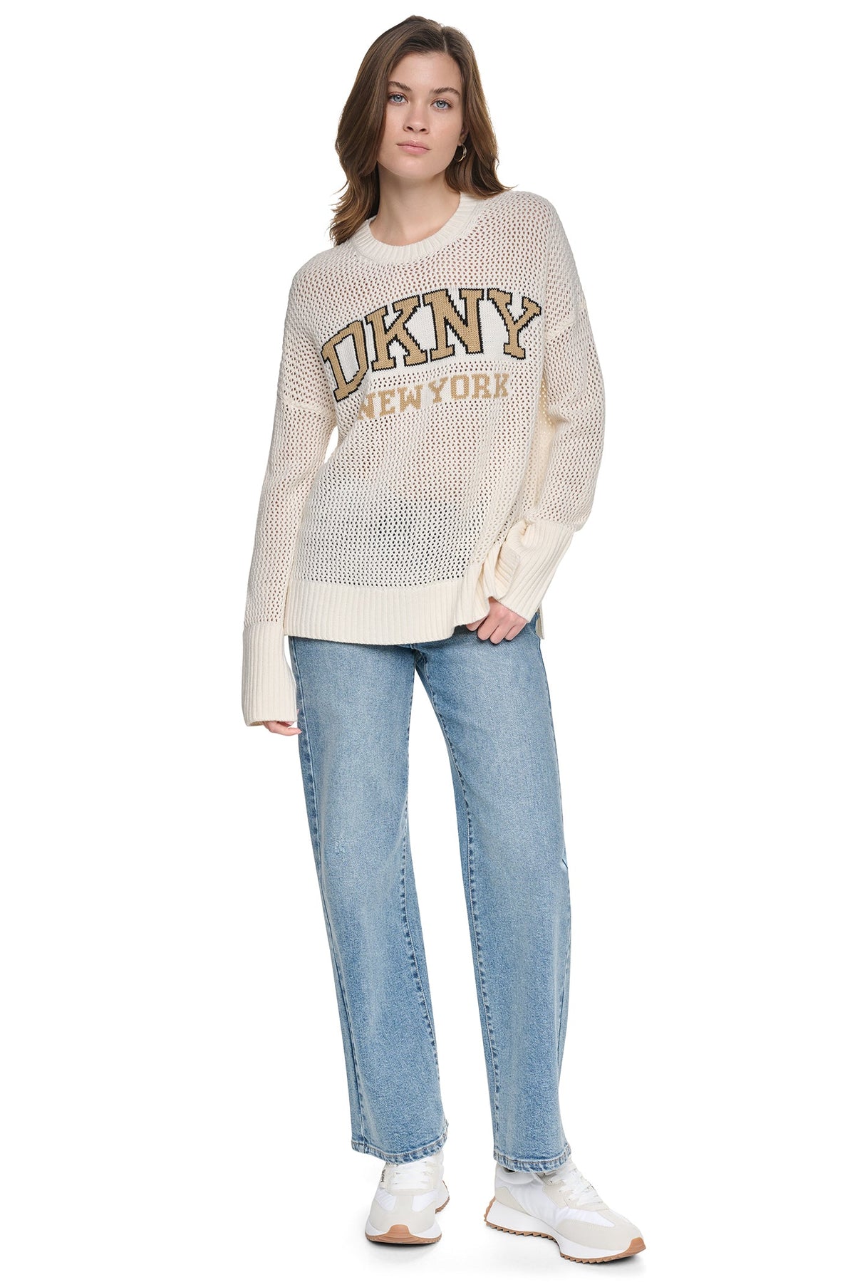 OPEN STITCH VARSITY LOGO SWEATER Utility Green/Sky Grey Heather | DKNY