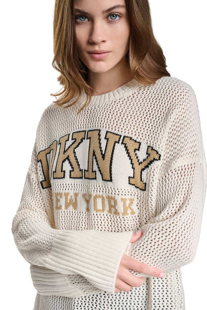 OPEN STITCH VARSITY LOGO SWEATER Utility Green/Sky Grey Heather | DKNY