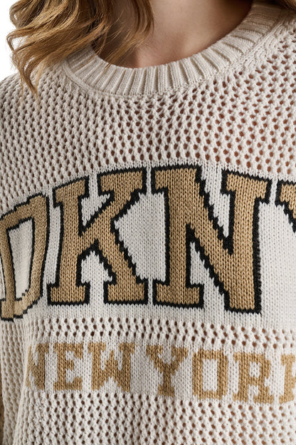 OPEN STITCH VARSITY LOGO SWEATER Utility Green/Sky Grey Heather | DKNY