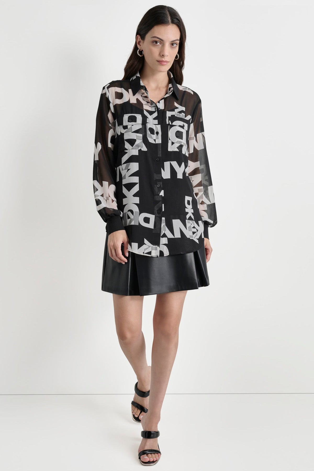 CHIFFON LOGO SHIRT BLACK/IVORY | DKNY