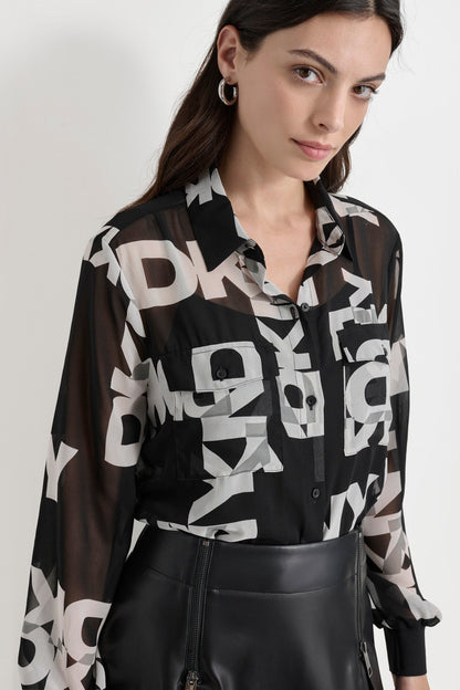 CHIFFON LOGO SHIRT BLACK/IVORY | DKNY