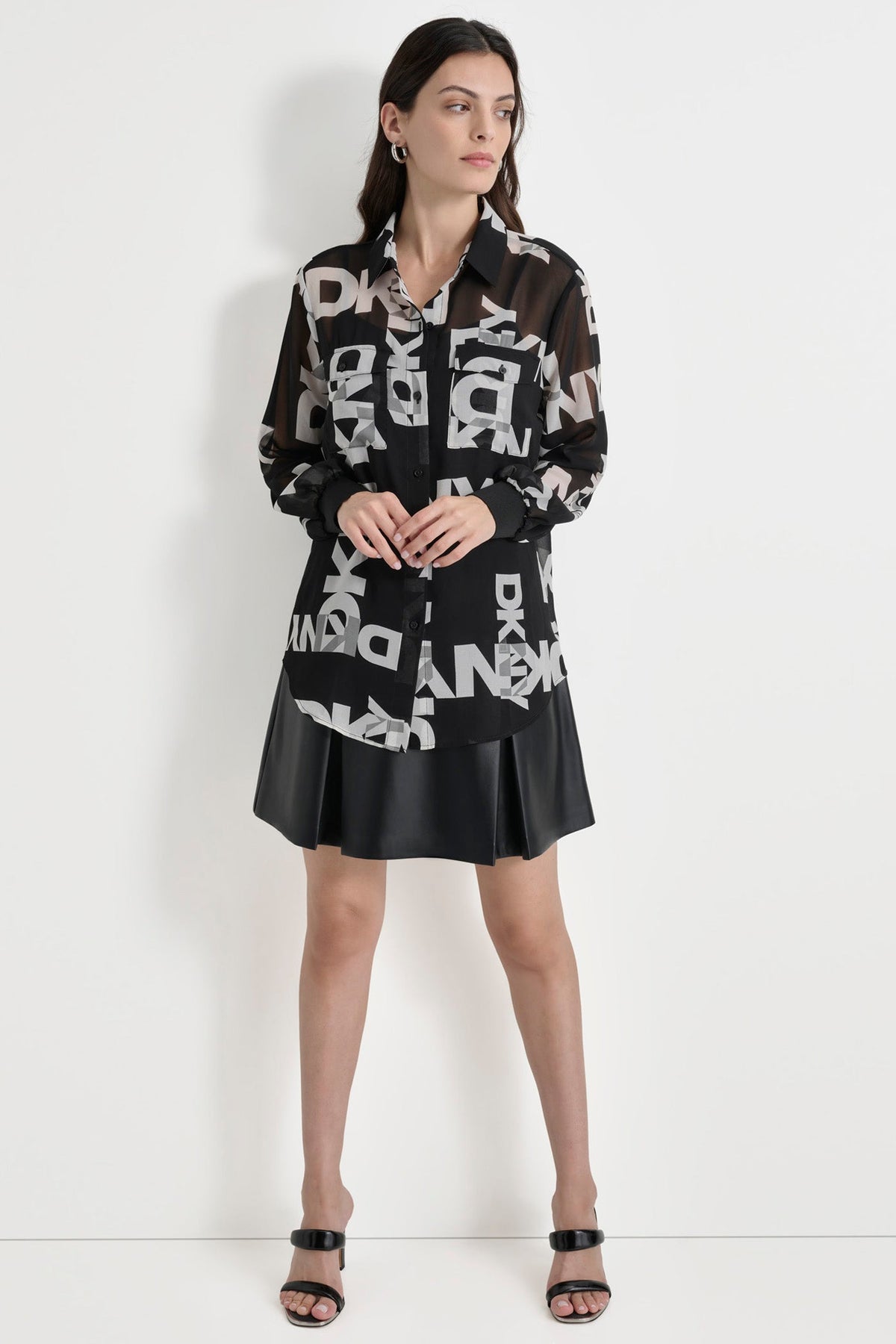 CHIFFON LOGO SHIRT BLACK/IVORY | DKNY