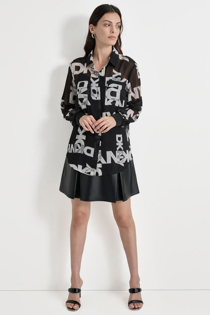 CHIFFON LOGO SHIRT BLACK/IVORY | DKNY