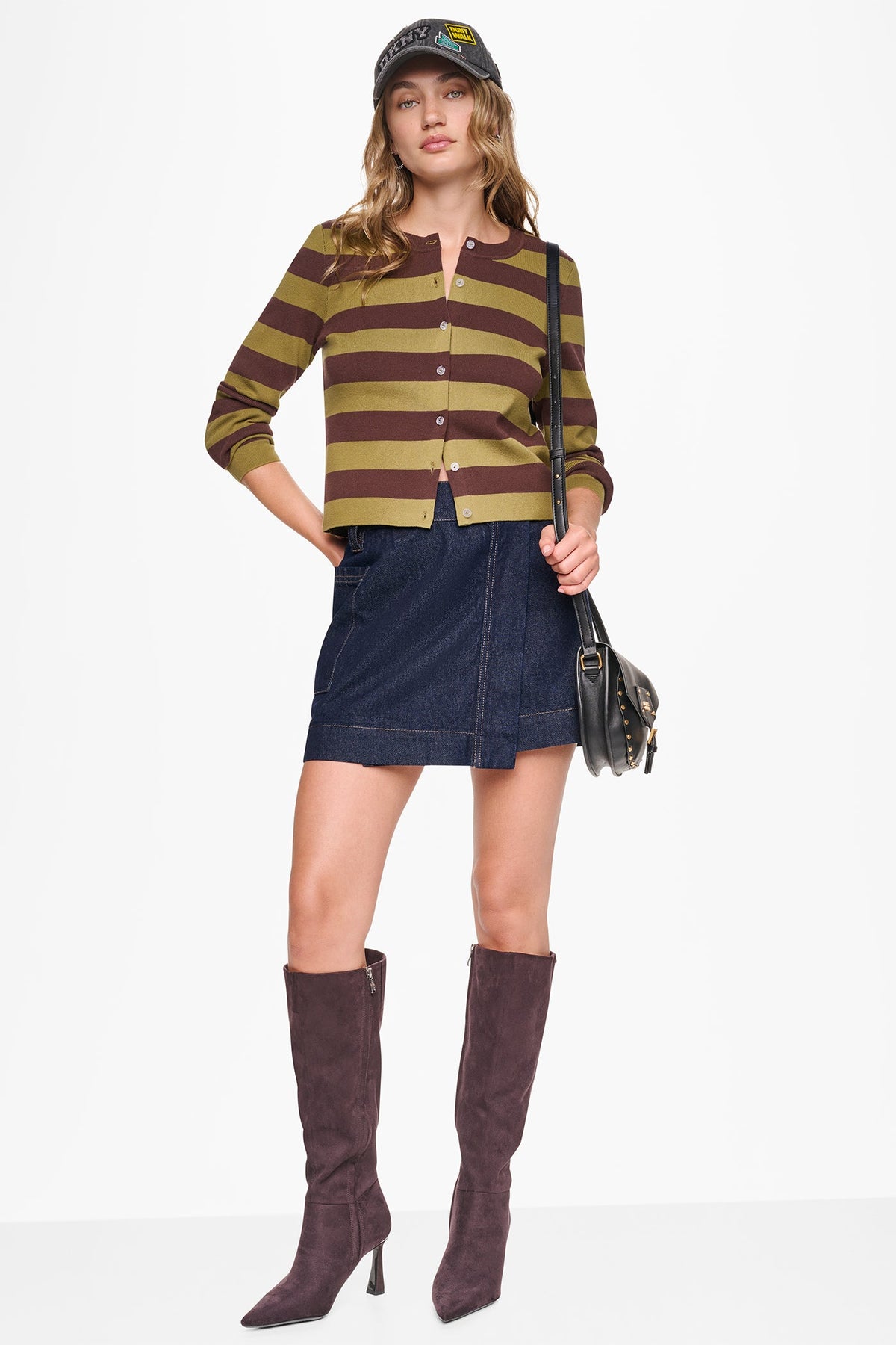CROPPED STRIPED CARDIGAN Chestnut/Crocodile | DKNY