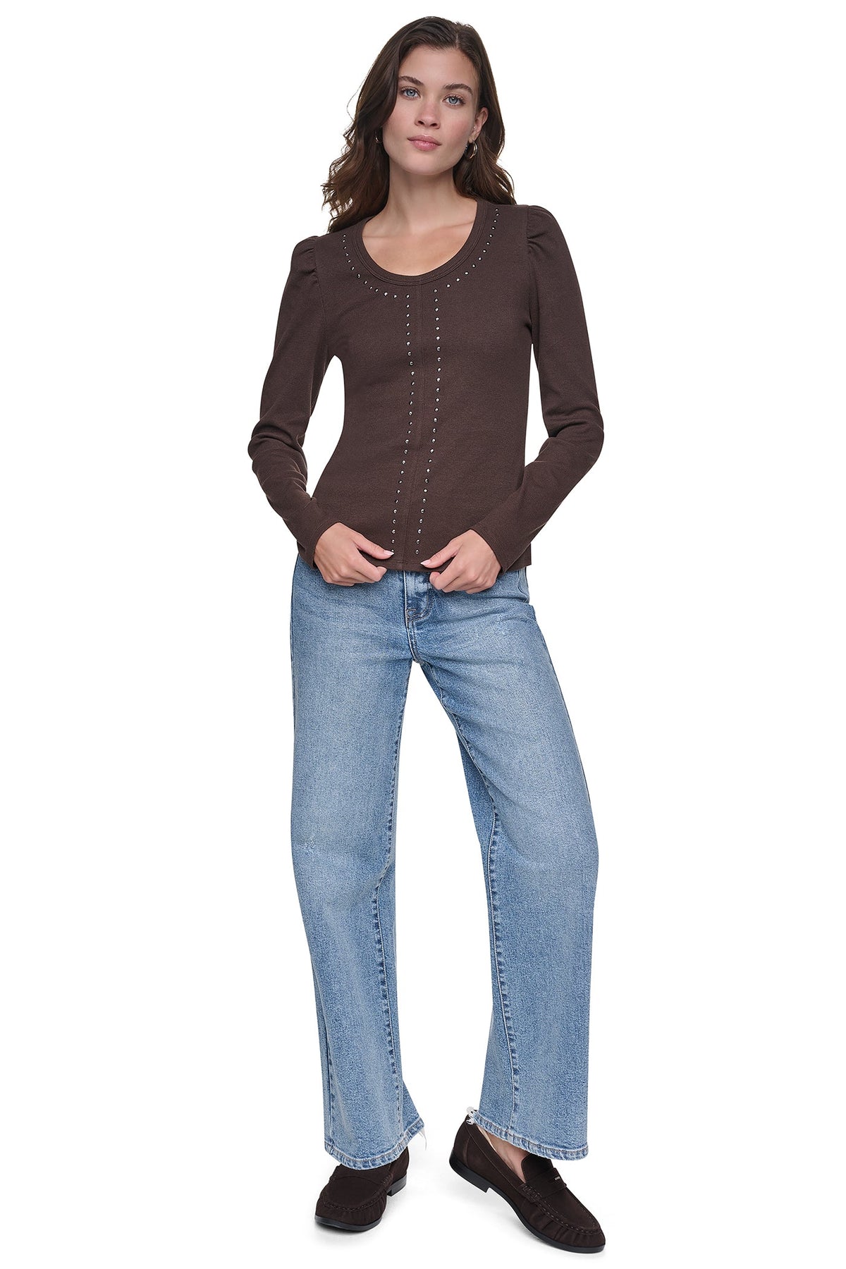 PUFF SLEEVE RHINESTONE TOP Espresso/Gunmetal | DKNY