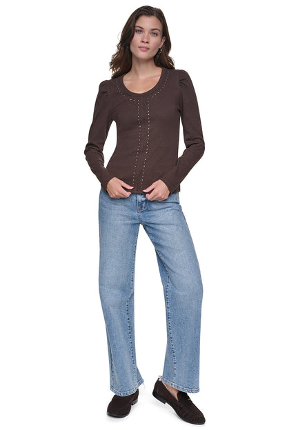 PUFF SLEEVE RHINESTONE TOP Espresso/Gunmetal | DKNY