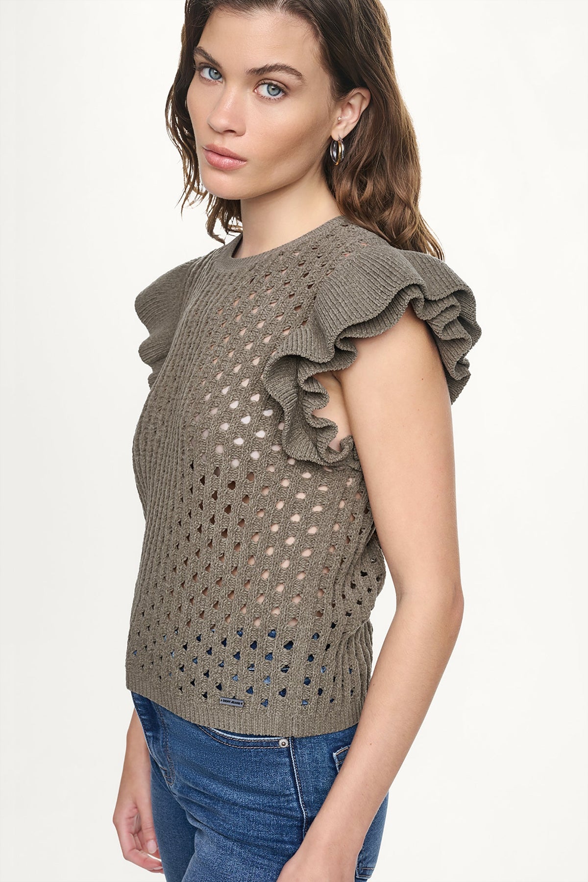 CHENILLE FLUTTER SLEEVE SWEATER Utility Green | DKNY