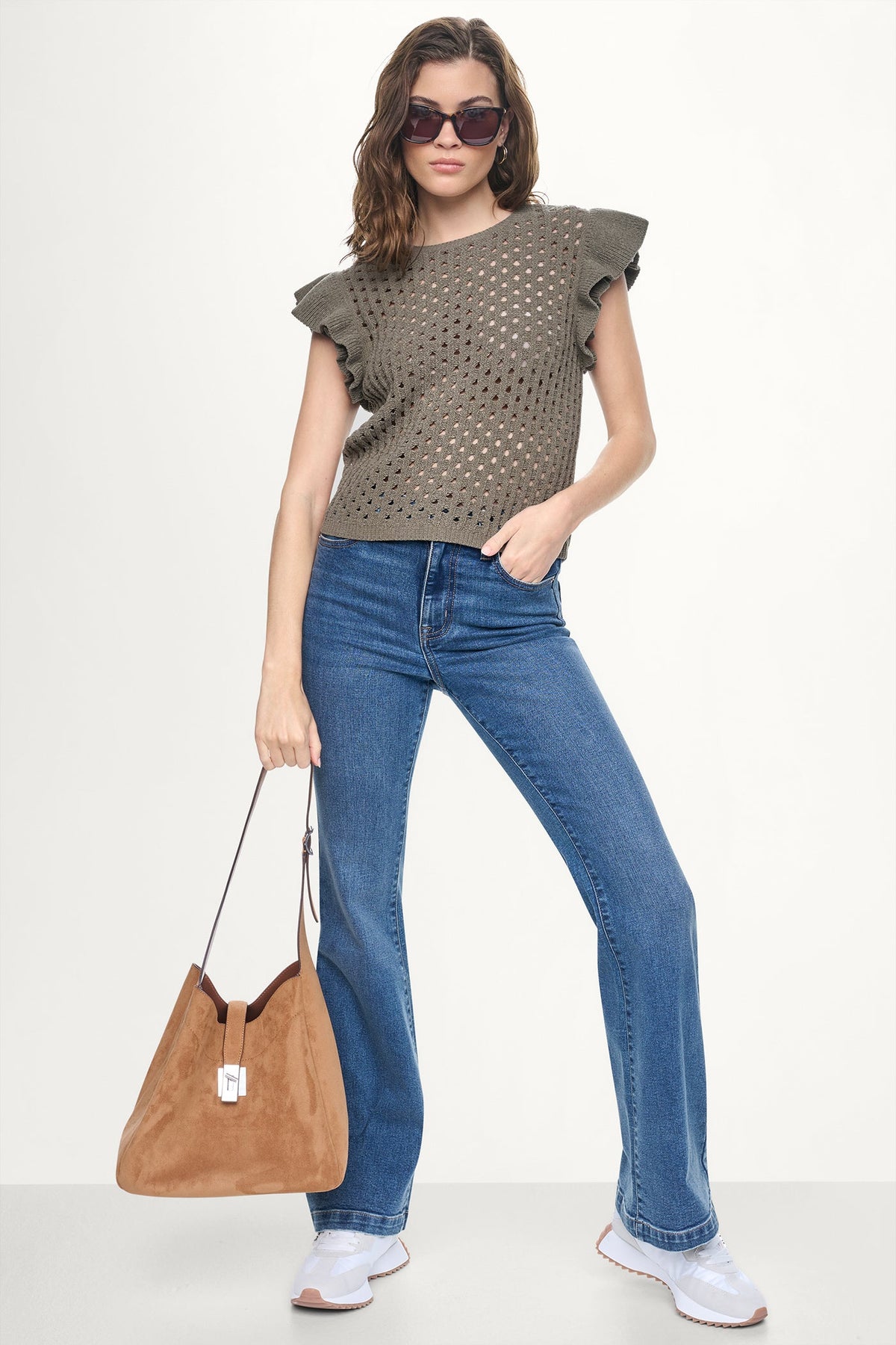 CHENILLE FLUTTER SLEEVE SWEATER Utility Green | DKNY