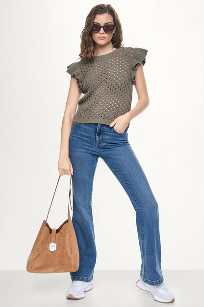 CHENILLE FLUTTER SLEEVE SWEATER Utility Green | DKNY