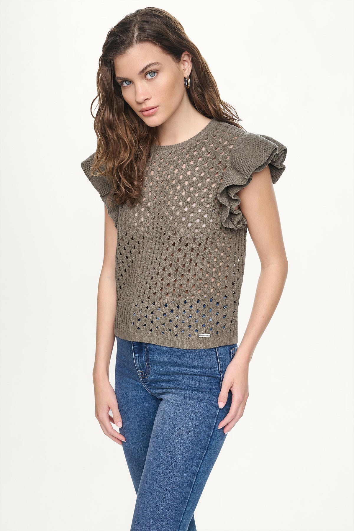 CHENILLE FLUTTER SLEEVE SWEATER Utility Green | DKNY