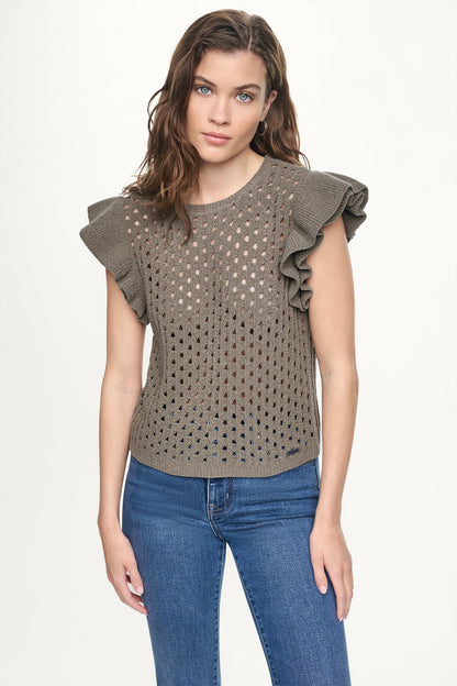 CHENILLE FLUTTER SLEEVE SWEATER Utility Green | DKNY