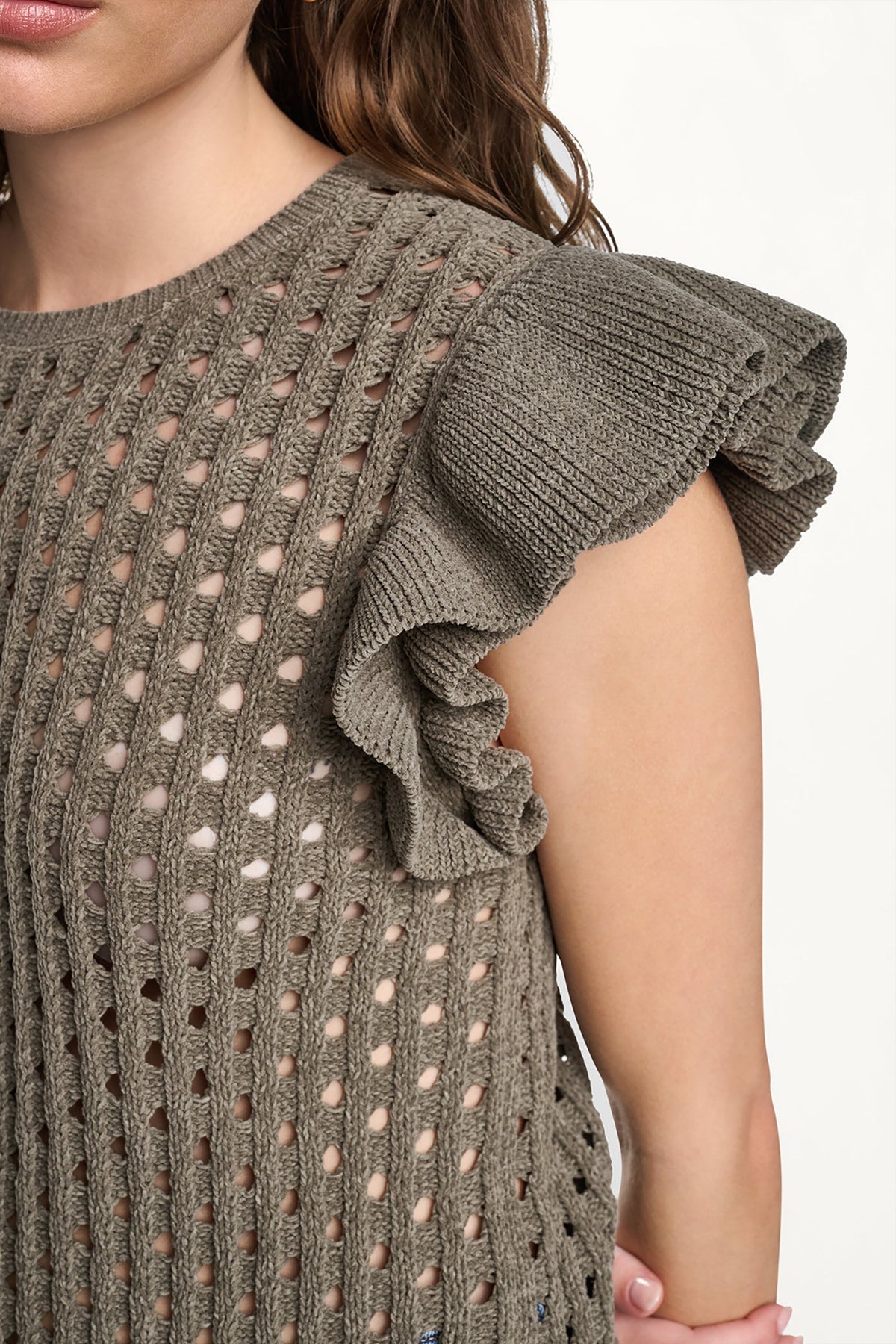 CHENILLE FLUTTER SLEEVE SWEATER Utility Green | DKNY