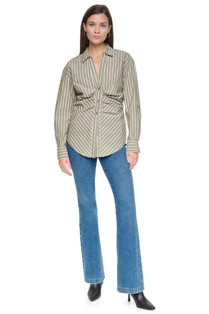 STRIPED RUCHED SHIRT Utility Green | DKNY