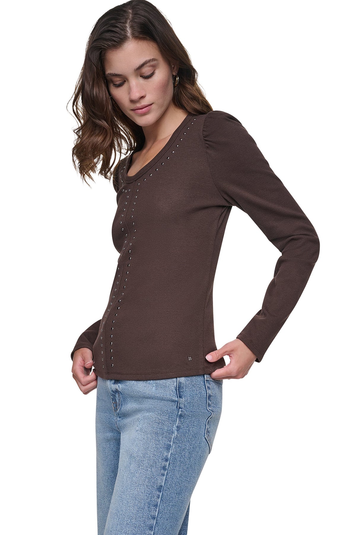 PUFF SLEEVE RHINESTONE TOP Eggnog/Silver | DKNY