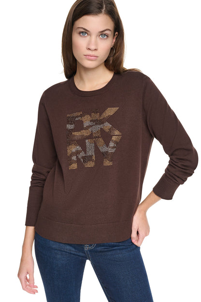 CAMO RHINESTONE LOGO SWEATER Utility Green | DKNY
