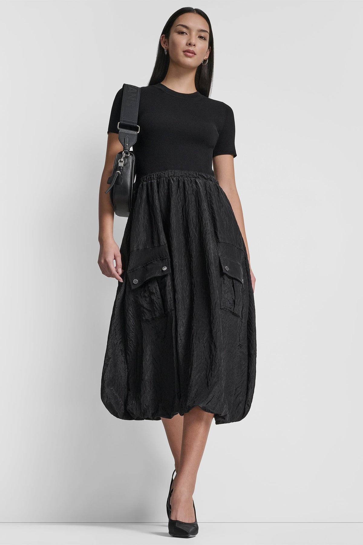 MIXED MEDIA CARGO MIDI BUBBLE DRESS Black | DKNY