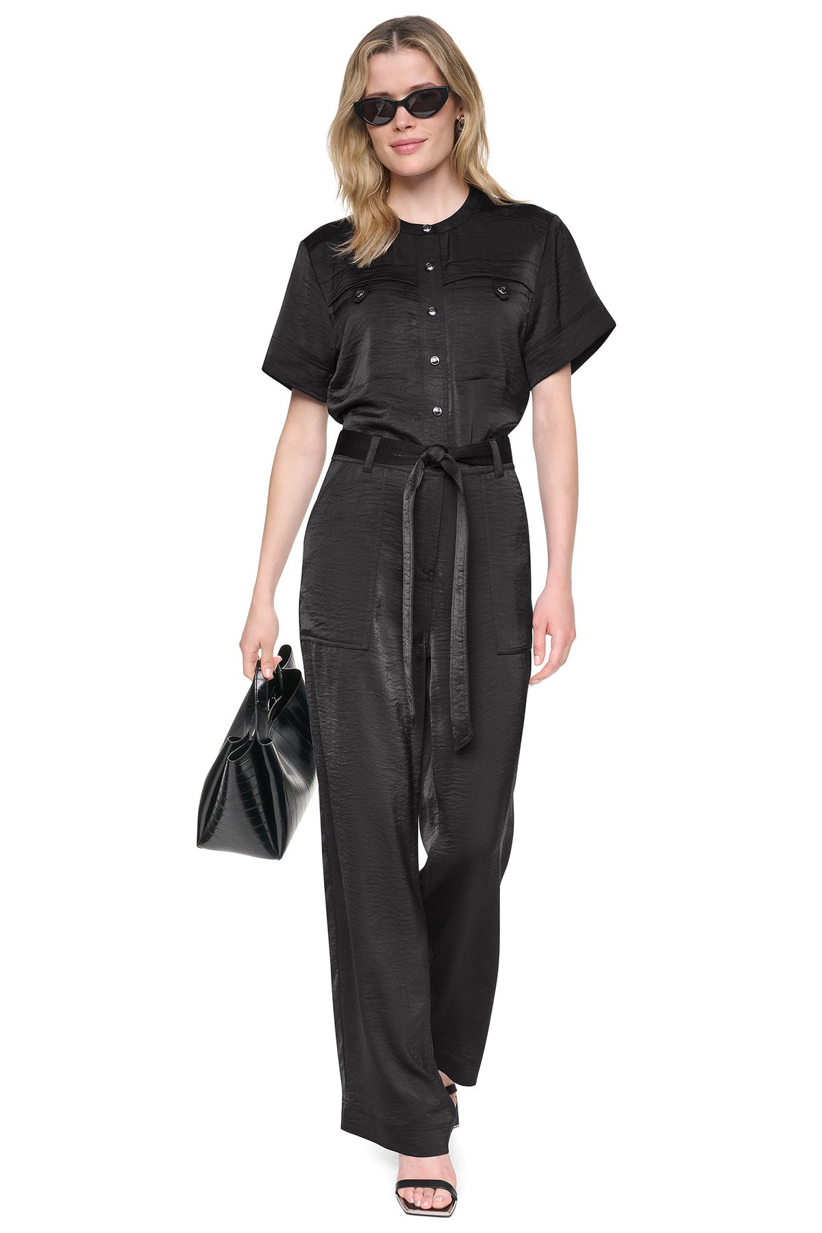 BUTTON FRONT UTILITY JUMPSUIT Black | DKNY