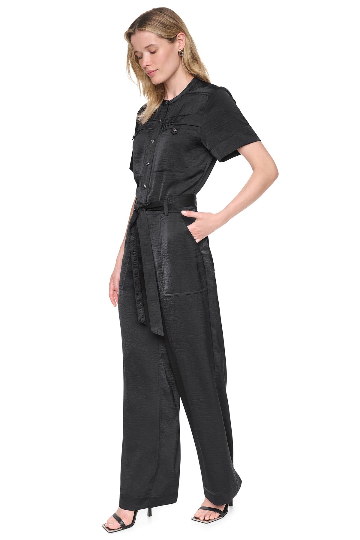 BUTTON FRONT UTILITY JUMPSUIT Black | DKNY