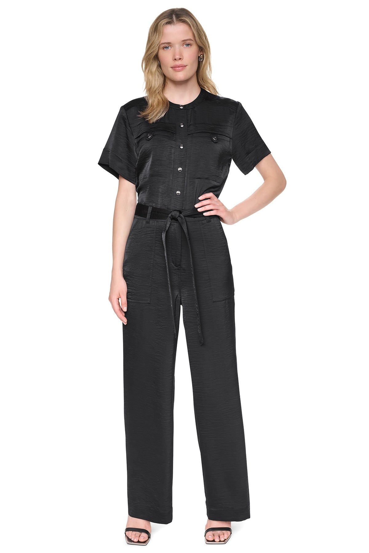 BUTTON FRONT UTILITY JUMPSUIT Black | DKNY