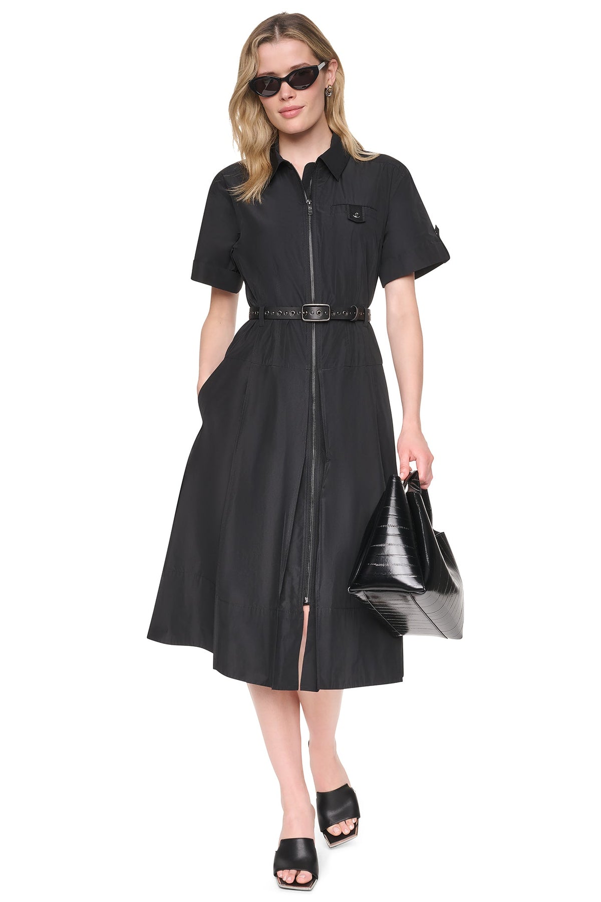 MEMORY TAFFETA ZIP FRONT DRESS Black | DKNY
