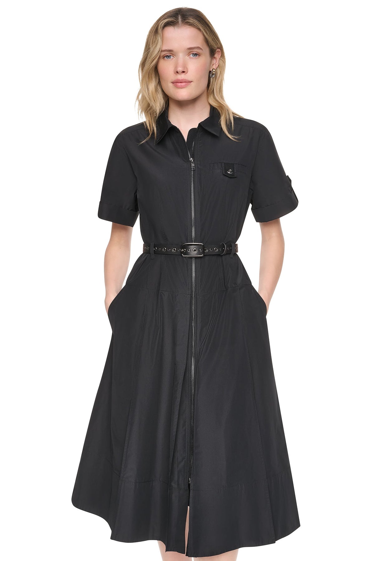 MEMORY TAFFETA ZIP FRONT DRESS Black | DKNY