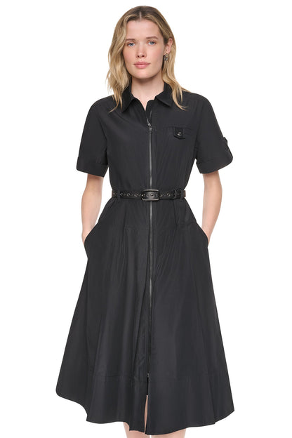 MEMORY TAFFETA ZIP FRONT DRESS Black | DKNY