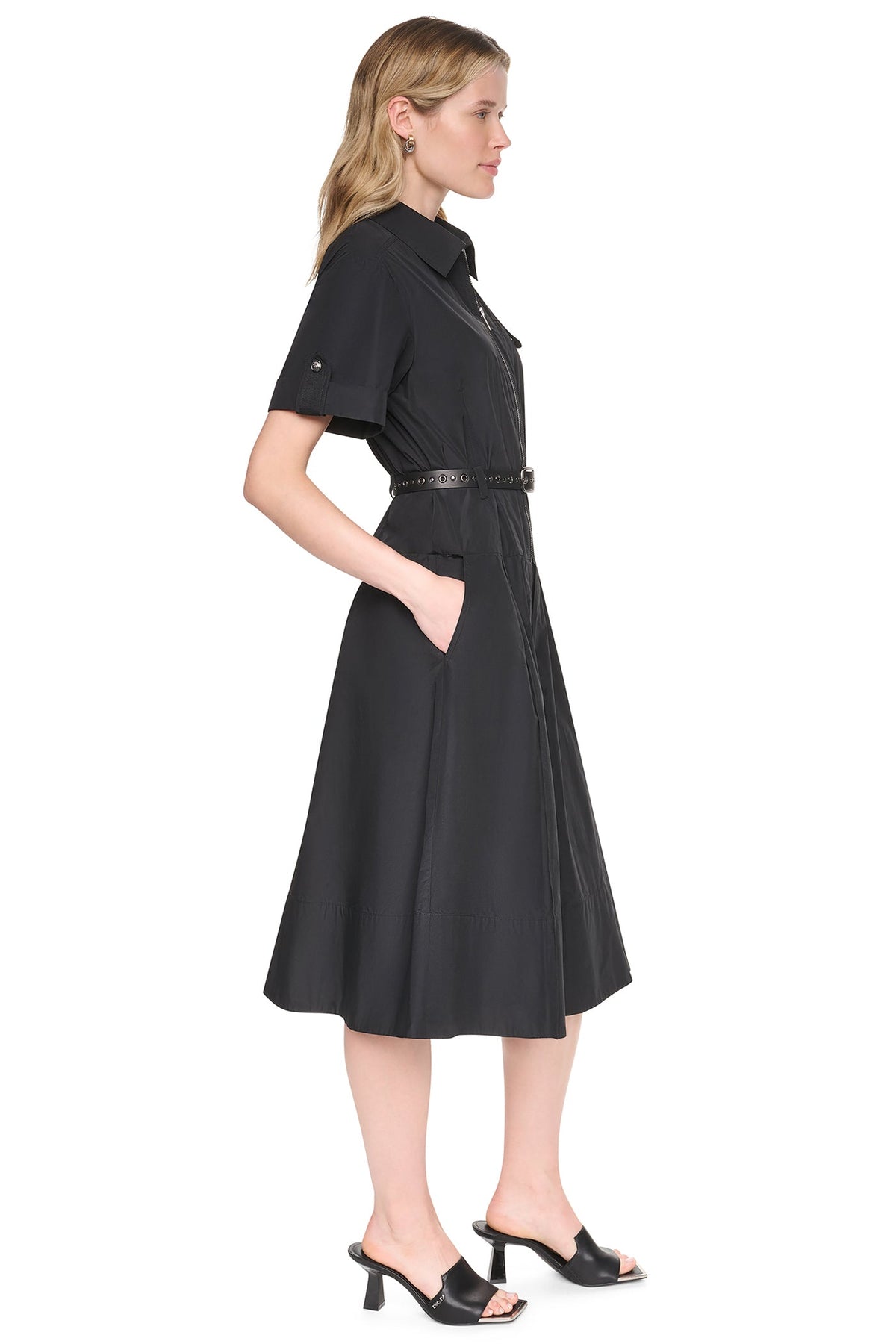 MEMORY TAFFETA ZIP FRONT DRESS Black | DKNY