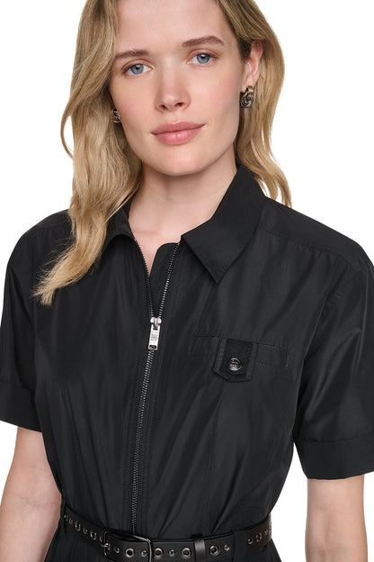 MEMORY TAFFETA ZIP FRONT DRESS Black | DKNY