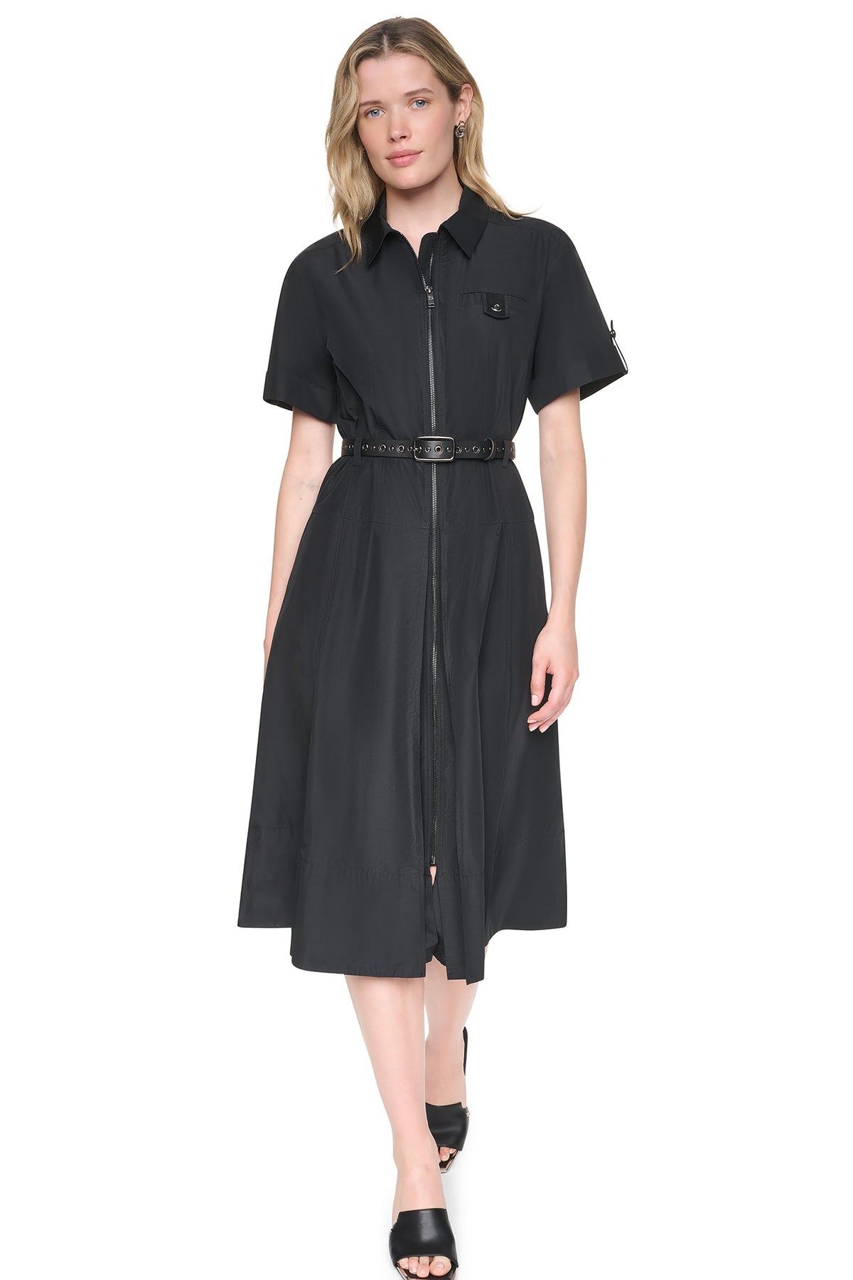 MEMORY TAFFETA ZIP FRONT DRESS Black | DKNY