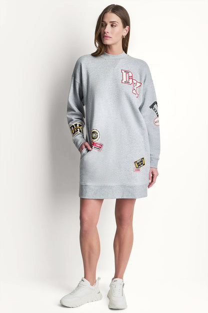 CAMPUS PATCH LONG SLEEVE SNEAKER DRESS Eggnog | DKNY