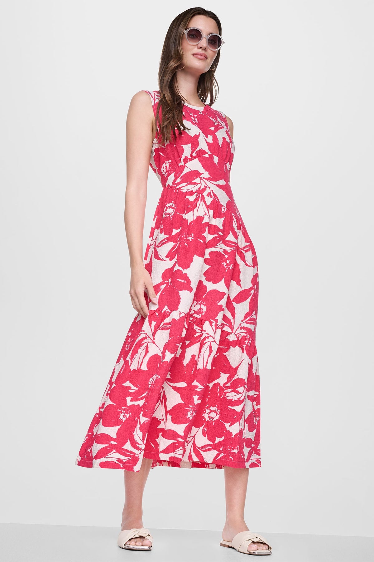 JEWEL NECK PRINTED MIDI DRESS Fruit Punch/Light City Khaki | DKNY
