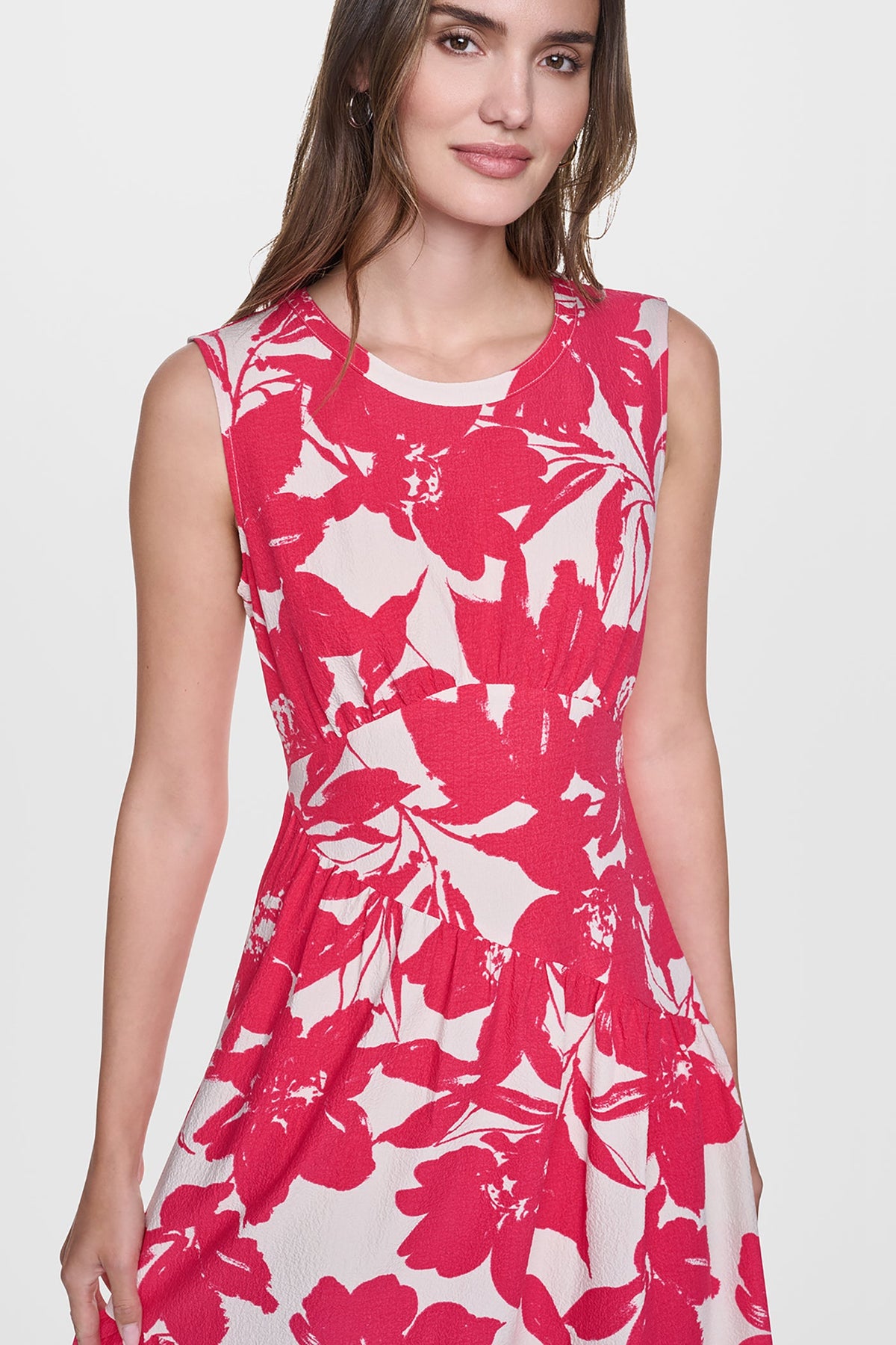 JEWEL NECK PRINTED MIDI DRESS Fruit Punch/Light City Khaki | DKNY