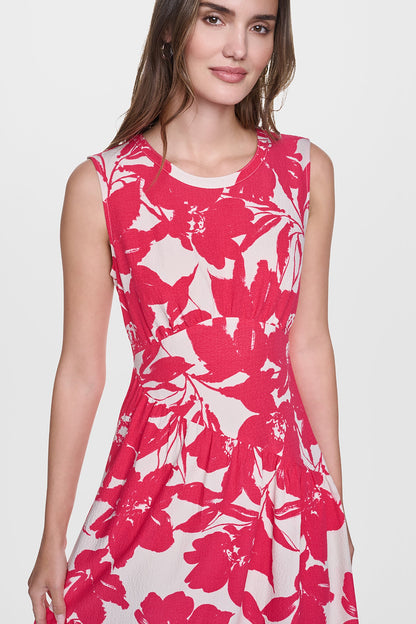 JEWEL NECK PRINTED MIDI DRESS Fruit Punch/Light City Khaki | DKNY