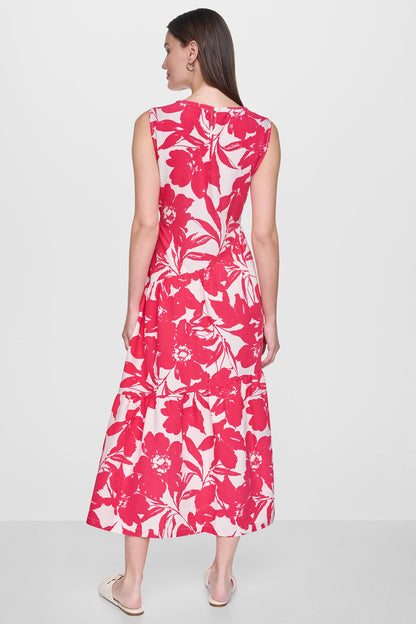 JEWEL NECK PRINTED MIDI DRESS Fruit Punch/Light City Khaki | DKNY