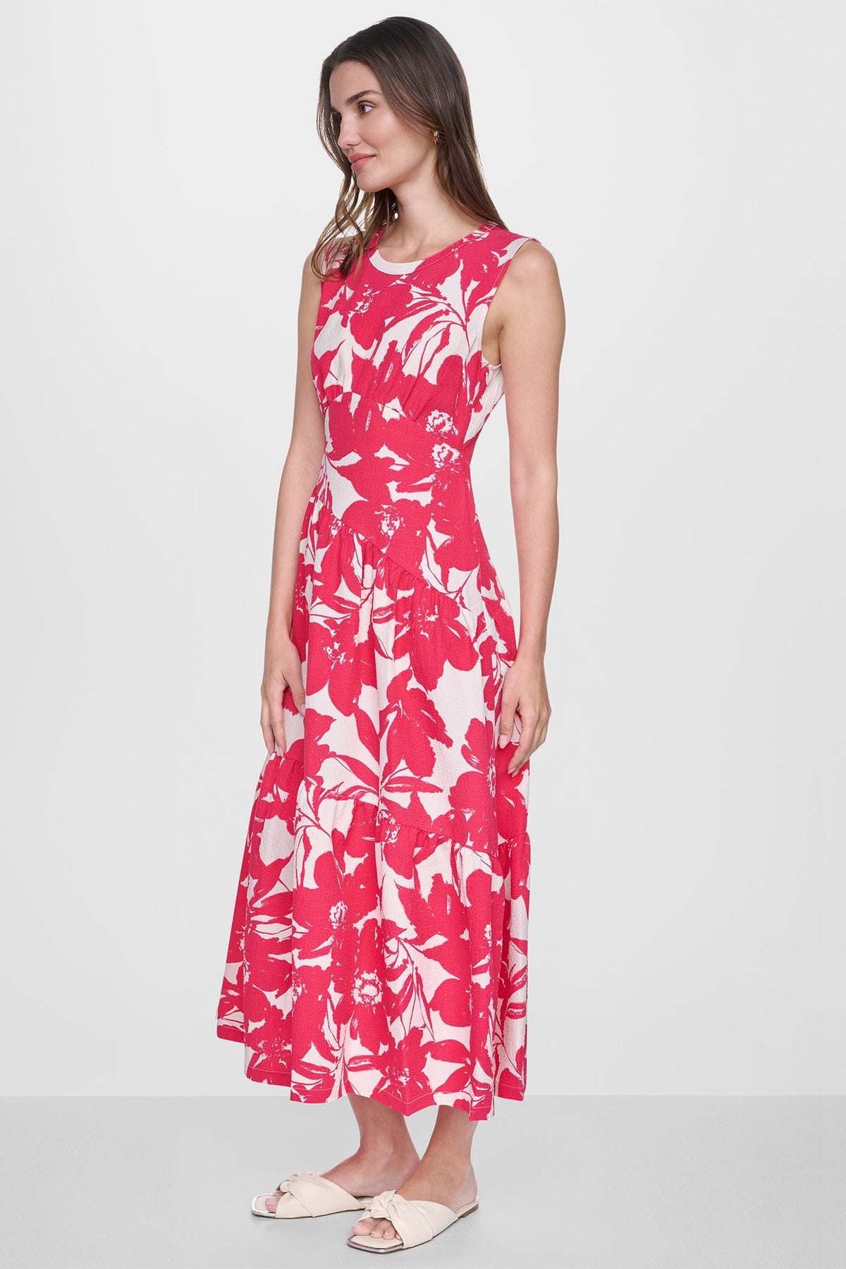 JEWEL NECK PRINTED MIDI DRESS Fruit Punch/Light City Khaki | DKNY