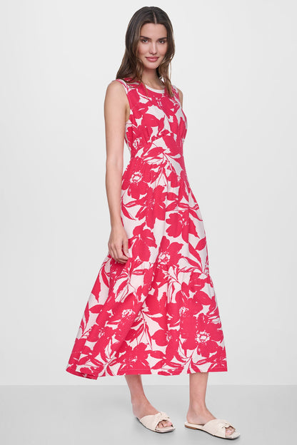 JEWEL NECK PRINTED MIDI DRESS Fruit Punch/Light City Khaki | DKNY
