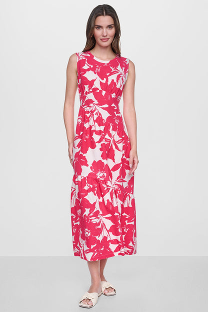 JEWEL NECK PRINTED MIDI DRESS Fruit Punch/Light City Khaki | DKNY