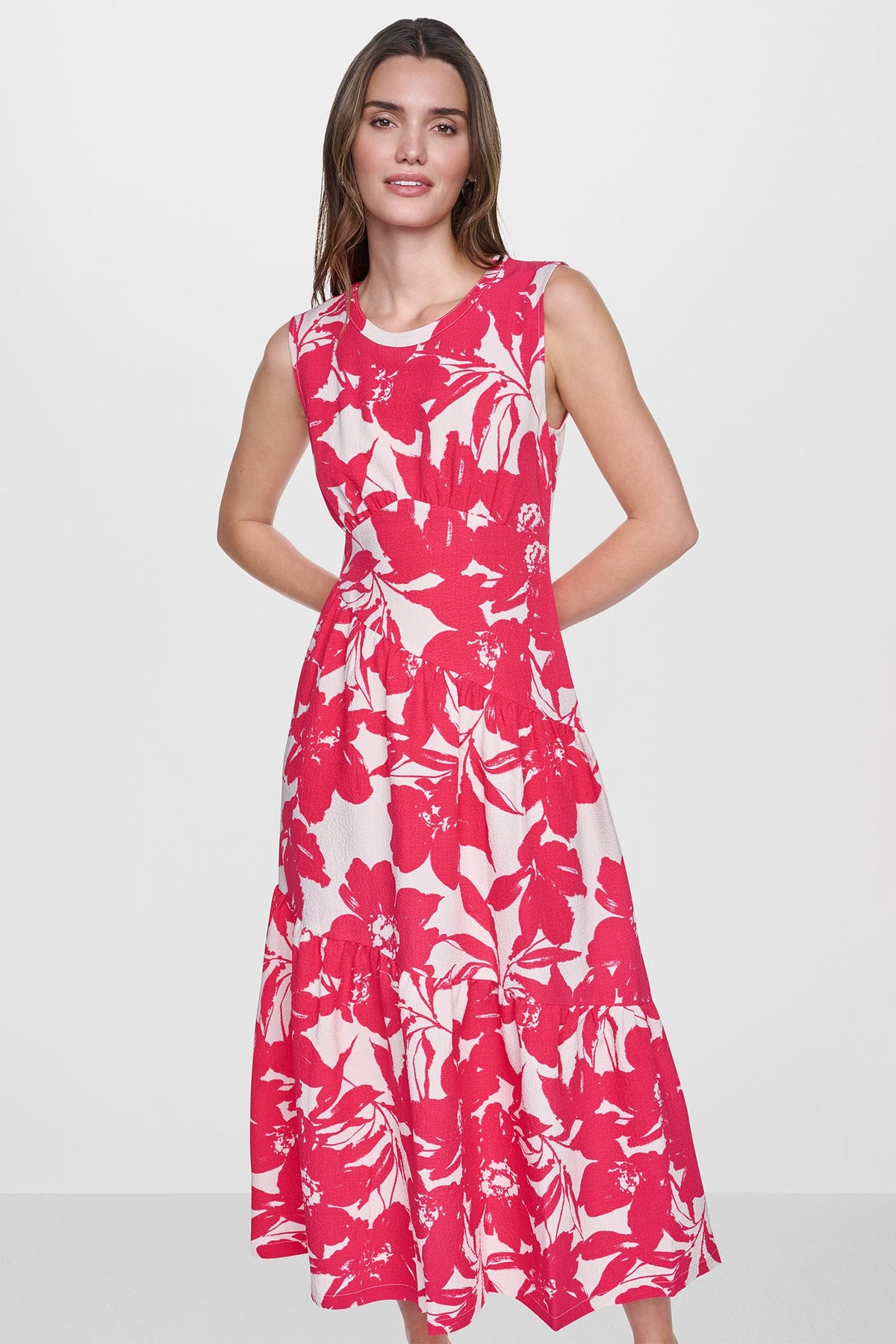 JEWEL NECK PRINTED MIDI DRESS Fruit Punch/Light City Khaki | DKNY