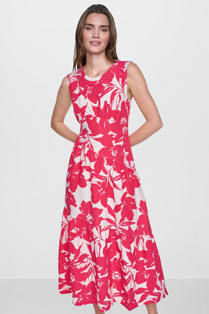JEWEL NECK PRINTED MIDI DRESS Fruit Punch/Light City Khaki | DKNY