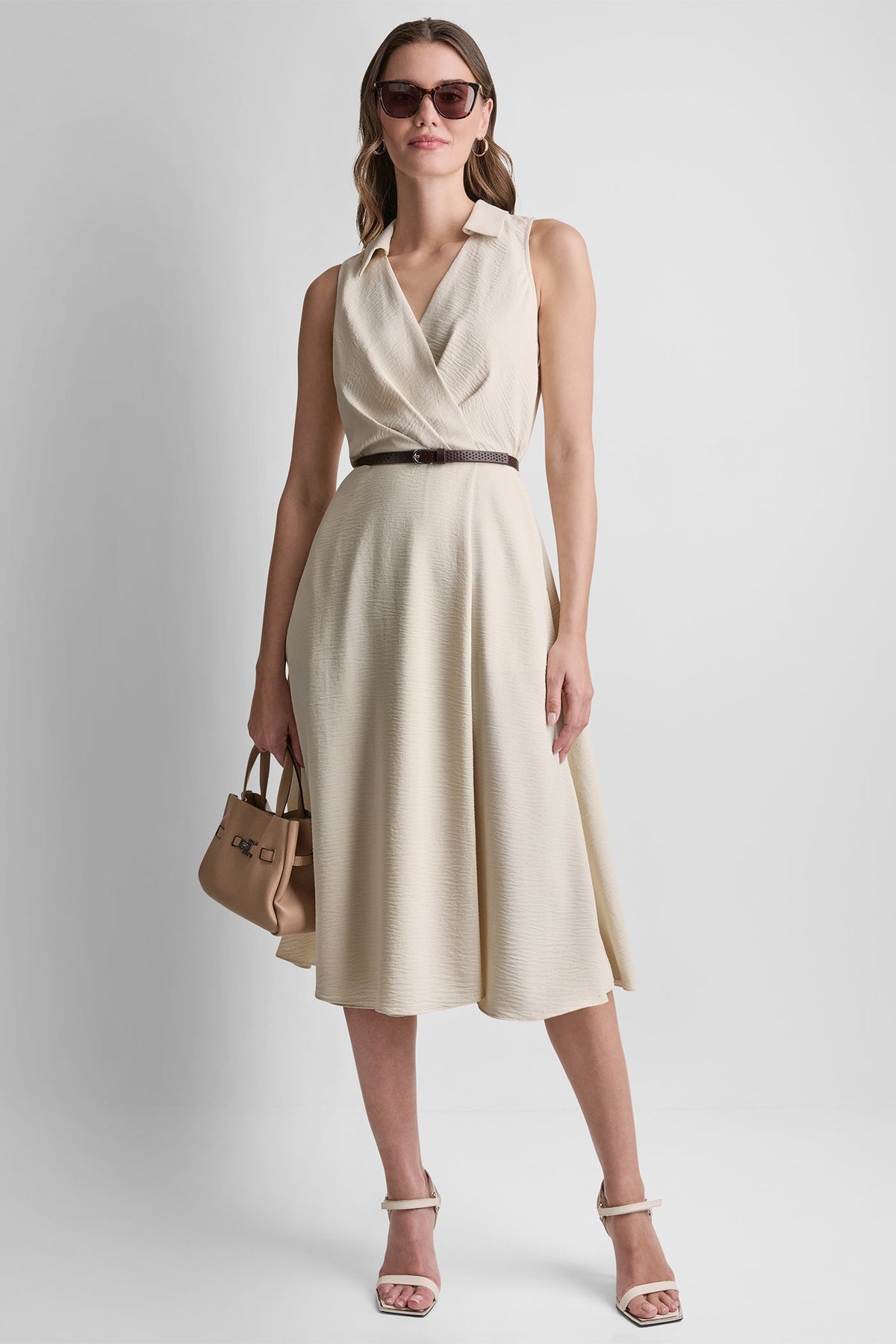 SLEEVELESS WRAP-EFFECT MIDI SHIRT DRESS Papyrus | DKNY