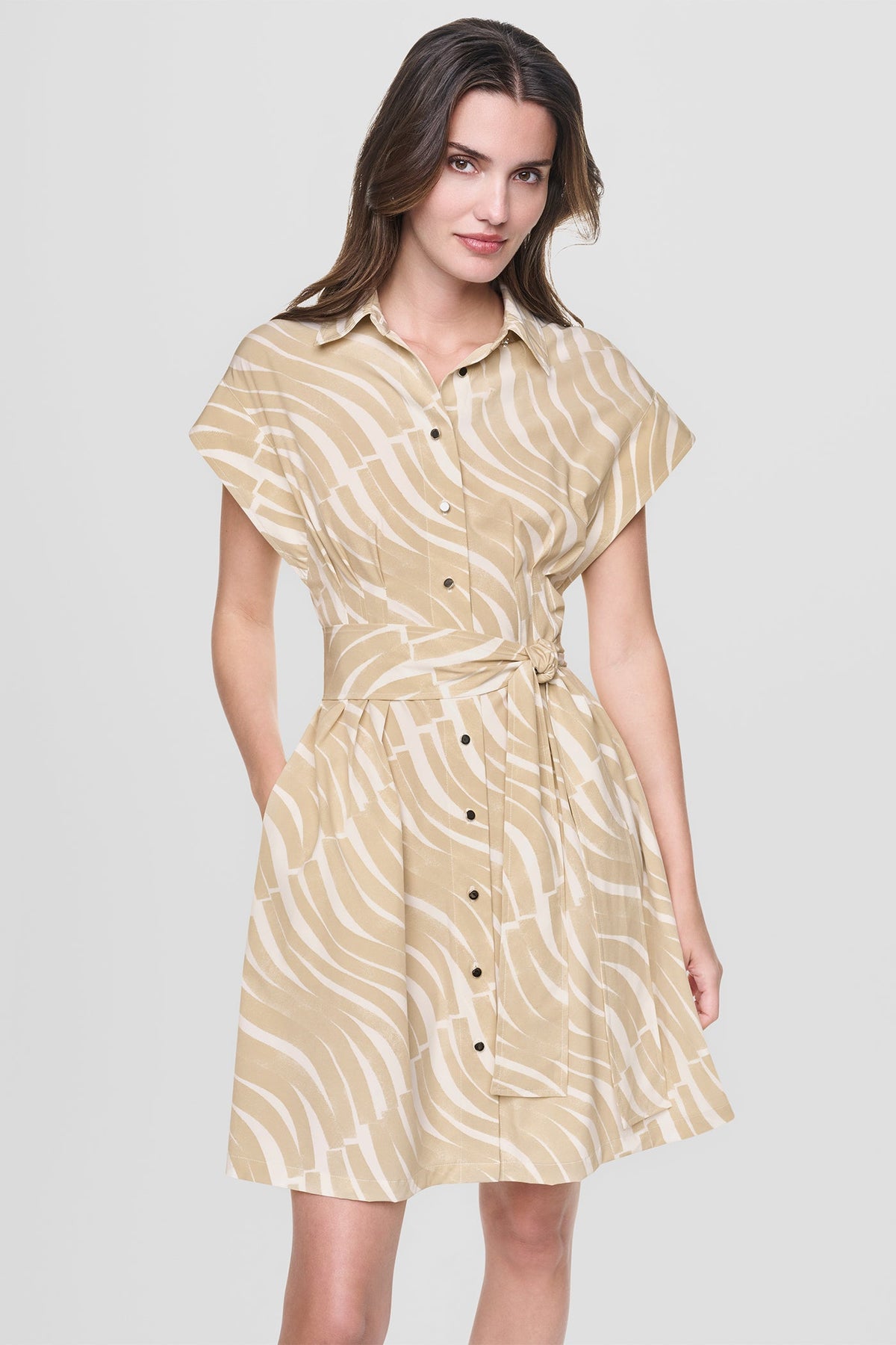 CAP SLEEVE MINI COMMUTER SHIRT DRESS Khaki/Ivory | DKNY