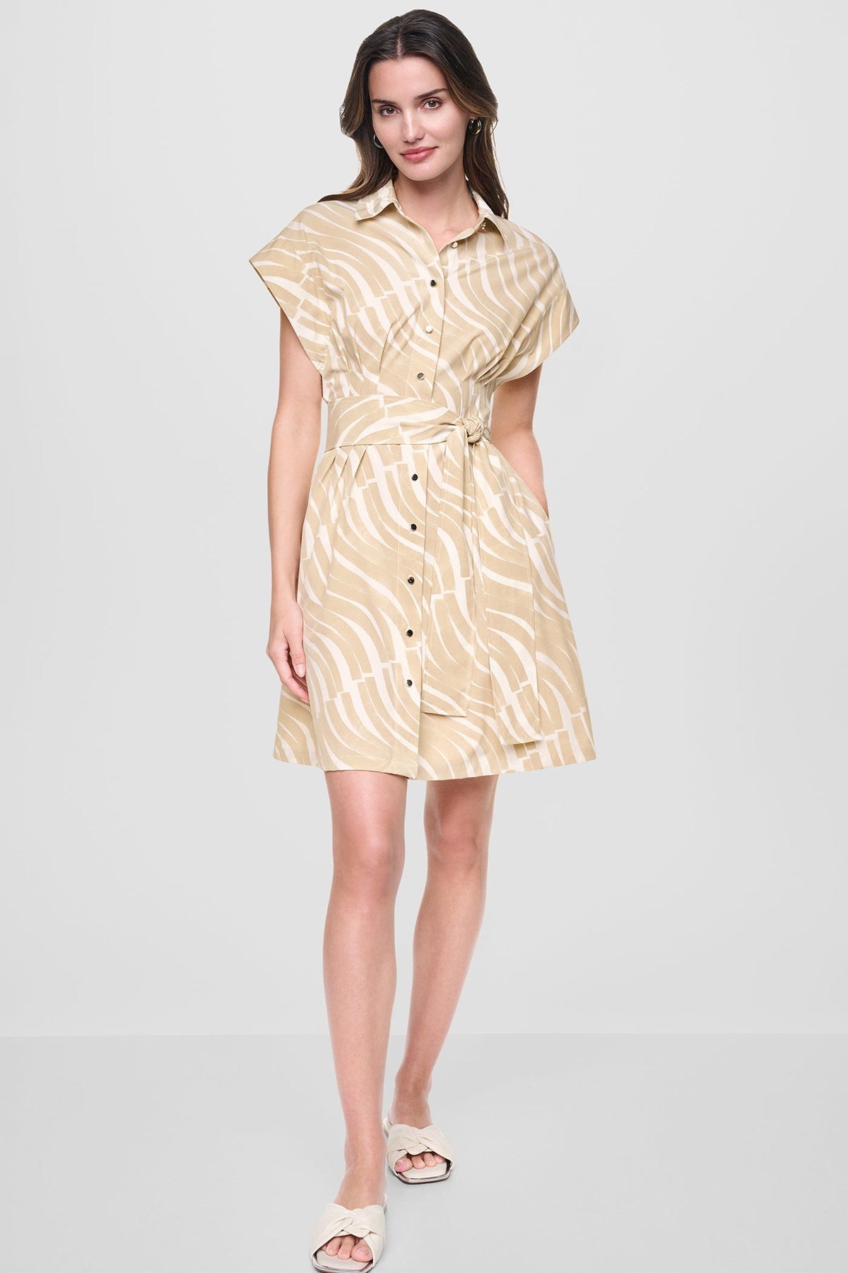 CAP SLEEVE MINI COMMUTER SHIRT DRESS Khaki/Ivory | DKNY