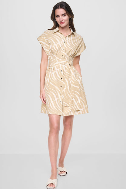 CAP SLEEVE MINI COMMUTER SHIRT DRESS Khaki/Ivory | DKNY