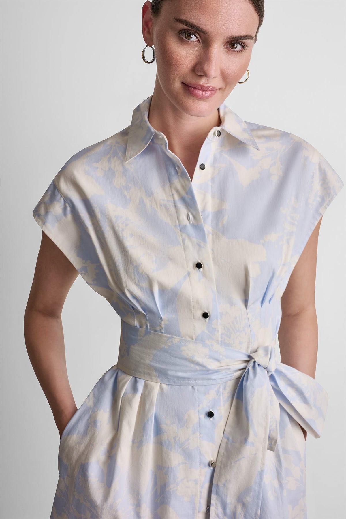 COTTON CAP SLEEVE MINI SHIRT DRESS Pastel Yellow/Frost Blue | DKNY