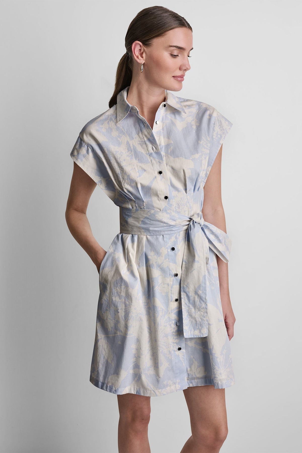 COTTON CAP SLEEVE MINI SHIRT DRESS Pastel Yellow/Frost Blue | DKNY