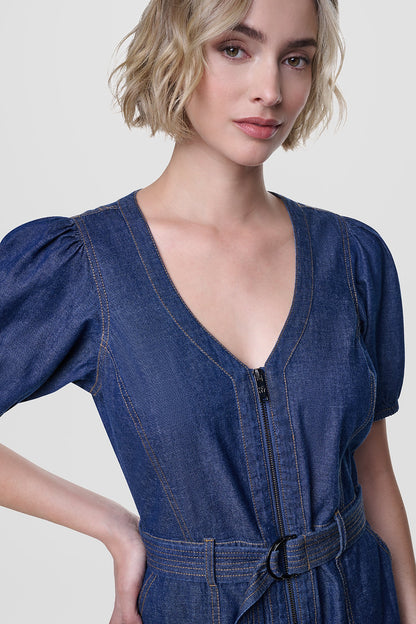 PUFF SLEEVE BELTED DENIM DRESS Crosby Wash | DKNY